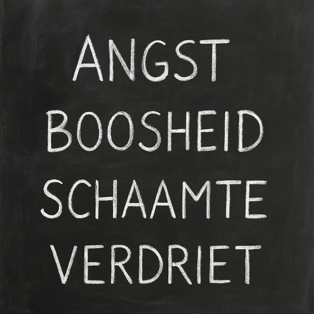 angst, boosheid, schaamte, verdriet.